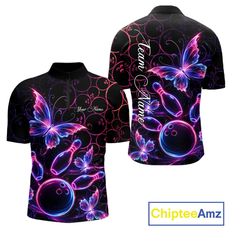 Neon Blue And Pink Butterfly Bowling Polo & 1/4-Zip Shirt For Men Custom Colorful Bowling Team Jersey NYN3266