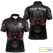 Load image into Gallery viewer, Black Red Skull Dartboard men's darts polo shirt, custom skull dart jersey, personalized dart team apparel, tournament dart uniform