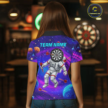 Load image into Gallery viewer, Female darts player wearing Astronaut Galaxy Dartboard jersey during darts competition and league play