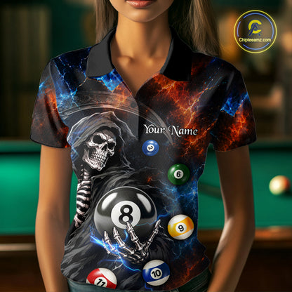 Female model wearing Thunder Grim Reaper billiard polo, personalized pool team jersey, APA league apparel, sports club clothing, custom performance polo.