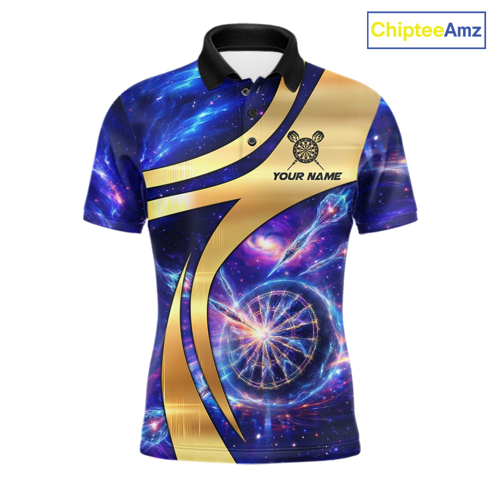 Personalized Golden And Purple Galaxy Darts Polo & 1/4 Zip Shirt For Men Darts Clothing Jerseys NYN2892