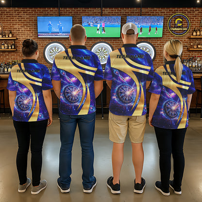 Personalized Golden And Purple Galaxy Darts Polo & 1/4 Zip Shirt For Women Darts Clothing Jerseys NYN2892