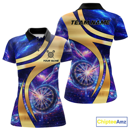 Personalized Golden And Purple Galaxy Darts Polo & 1/4 Zip Shirt For Women Darts Clothing Jerseys NYN2892