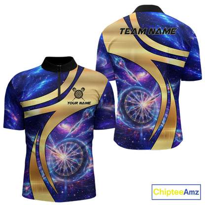 Personalized Golden And Purple Galaxy Darts Polo & 1/4 Zip Shirt For Men Darts Clothing Jerseys NYN2892