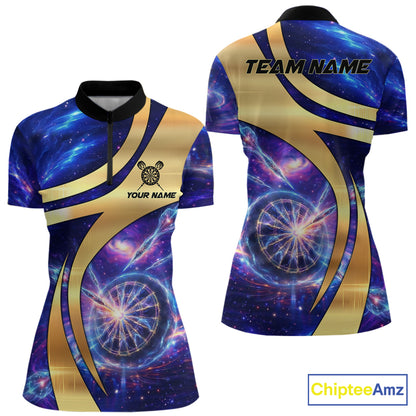 Personalized Golden And Purple Galaxy Darts Polo & 1/4 Zip Shirt For Women Darts Clothing Jerseys NYN2892