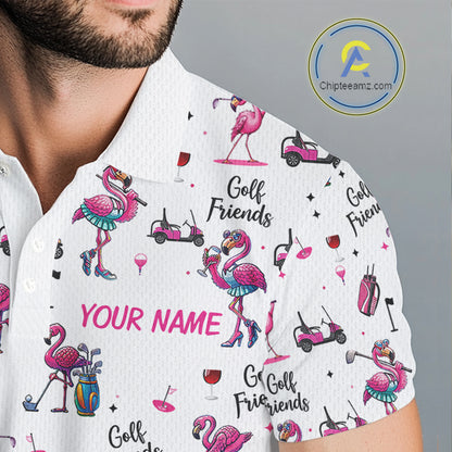 Funny Pink Flamingo Friends White Mens Polo Shirt Custom Flamingo Ladies Golf Outfits NYN3111