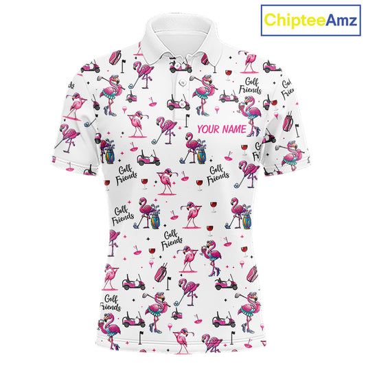 Funny Pink Flamingo Friends White Mens Polo Shirt Custom Flamingo Ladies Golf Outfits NYN3111