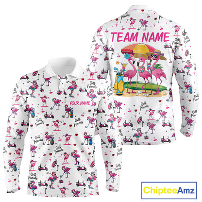Funny Pink Flamingo Friends White Mens Polo Shirt Custom Flamingo Ladies Golf Outfits NYN3111