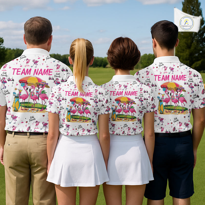 Funny Pink Flamingo Friends White Mens Polo Shirt Custom Flamingo Ladies Golf Outfits NYN3111