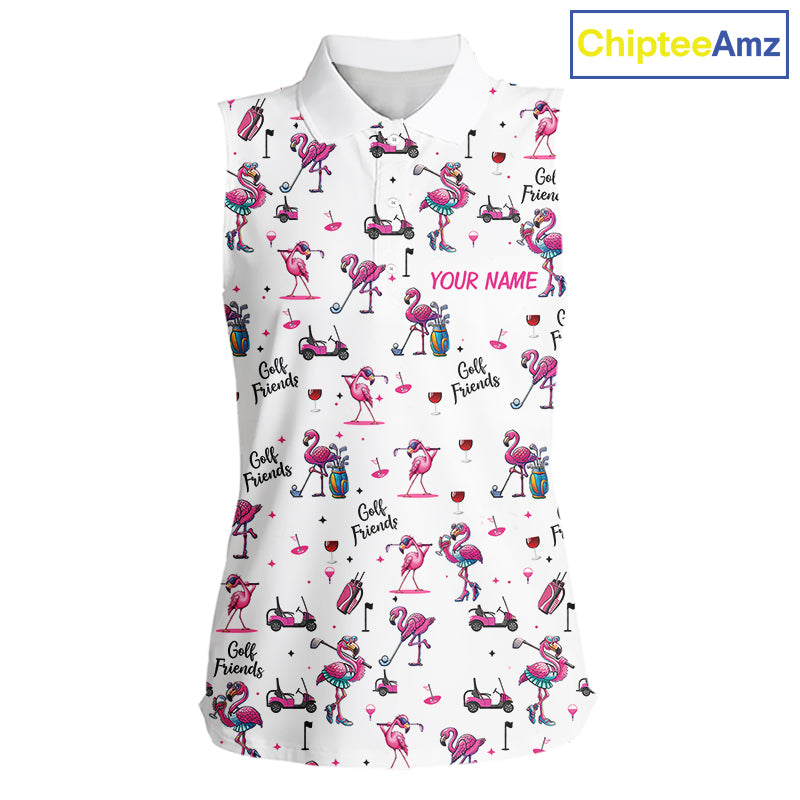 Funny Pink Flamingo Friends White Womens Sleeveless Polo Shirt Custom Flamingo Ladies Golf Outfits NYN3111