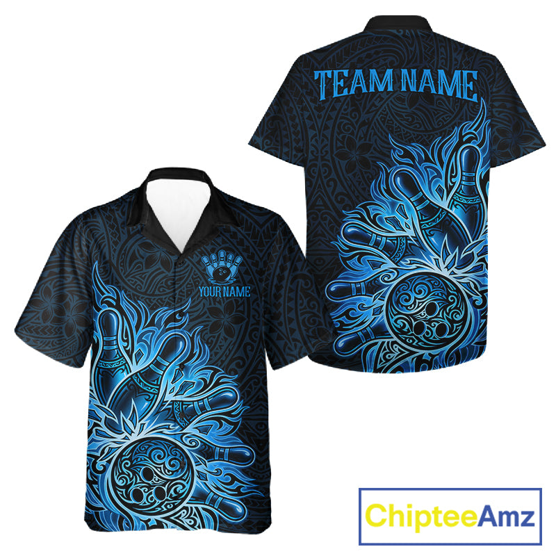 Blue Tribal Pattern bowling Hawaiian shirt featuring bold tribal graphics, custom bowling button-up shirt, tropical aloha apparel, personalized bowling league clothing, lightweight vacation team uniform