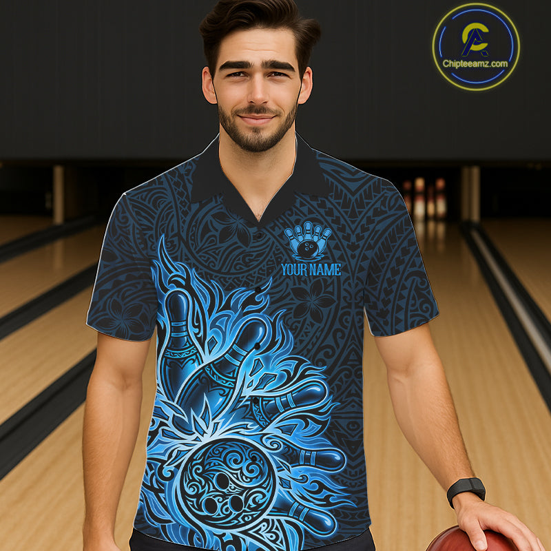 Male and female models wearing Blue Tribal Pattern bowling Hawaiian shirts, tribal-inspired bowling team apparel, tropical button-up shirts, resort vacation clothing representing strength, heritage, confidence and competitive teamwork