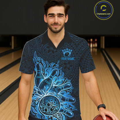 Male and female models wearing Blue Tribal Pattern bowling Hawaiian shirts, tribal-inspired bowling team apparel, tropical button-up shirts, resort vacation clothing representing strength, heritage, confidence and competitive teamwork