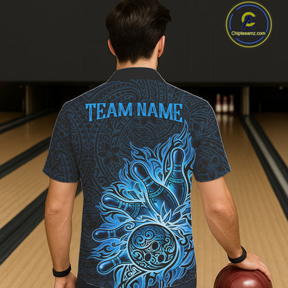 Male and female models wearing Blue Tribal Pattern bowling Hawaiian shirts, tribal-inspired bowling team apparel, tropical button-up shirts, resort vacation clothing representing strength, heritage, confidence and competitive teamwork