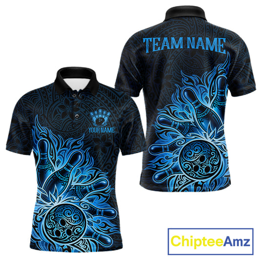 Blue Tribal Pattern Bowling Ball men's bowling polo shirt, custom tribal bowling team jersey, league bowling apparel