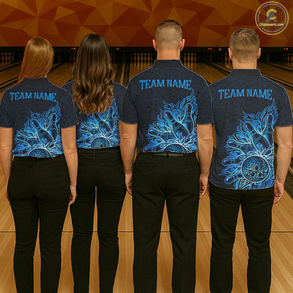 Men women bowling team wearing Blue Tribal Pattern Bowling Ball custom bowling uniforms