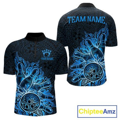 Blue Tribal Pattern Bowling Ball men's bowling quarter zip shirt, personalized tribal bowling uniform