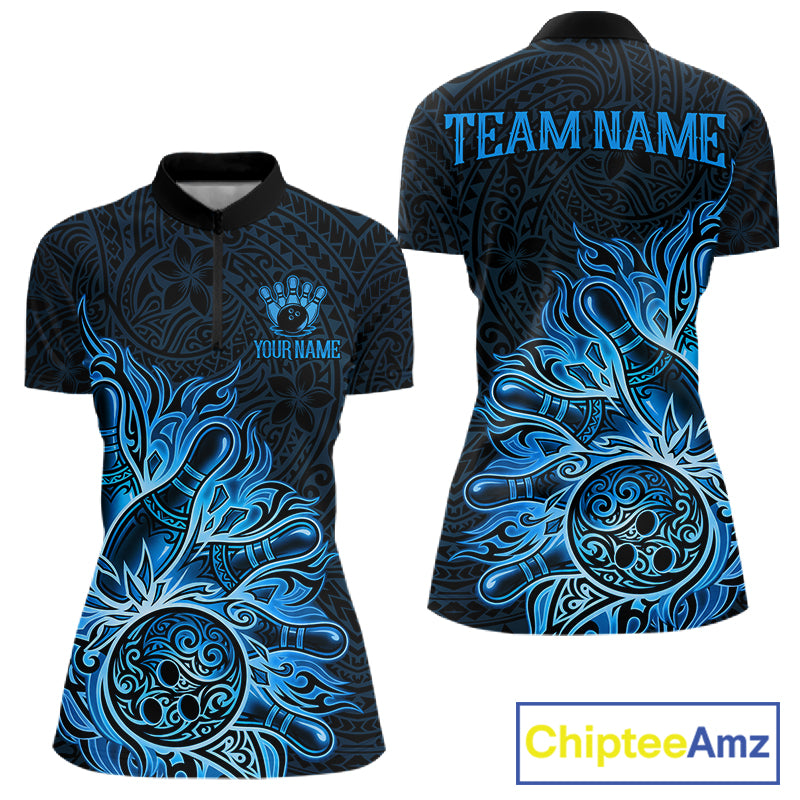 Blue Tribal Pattern Bowling Ball women's bowling quarter zip shirt, personalized tribal bowling uniform