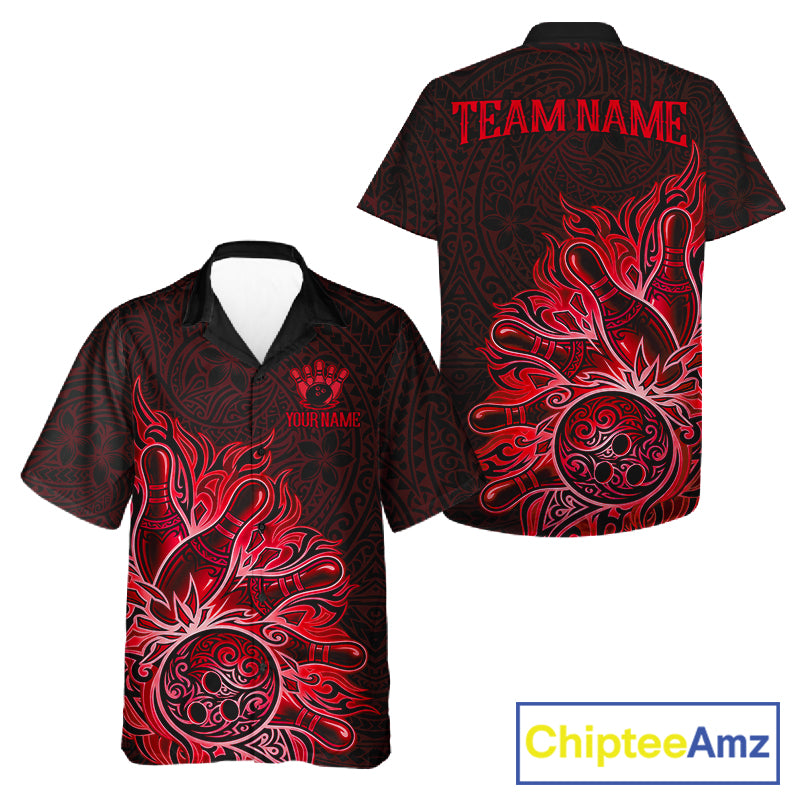 Red Tribal Pattern bowling Hawaiian shirt featuring striking tribal artwork, custom aloha bowling button-up shirt, personalized tournament apparel, tropical summer bowling league uniform