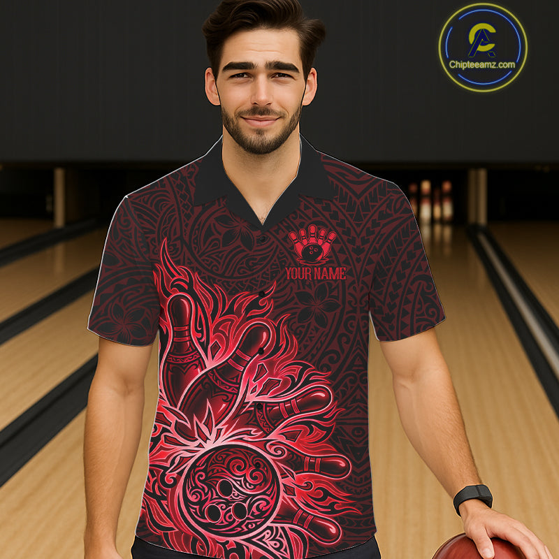 Male and female models wearing Red Tribal Pattern bowling Hawaiian shirts, custom bowling team button-up apparel, tropical vacation clothing inspired by tribal culture, passion, courage, leadership and championship performance