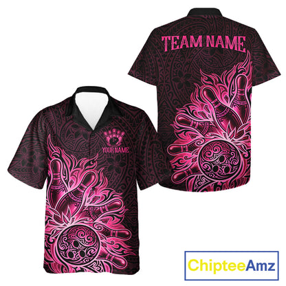 Pink Tribal Pattern bowling Hawaiian shirt featuring modern tribal graphics, tropical aloha bowling button-up shirt, personalized women's and men's bowling apparel, vacation league clothing