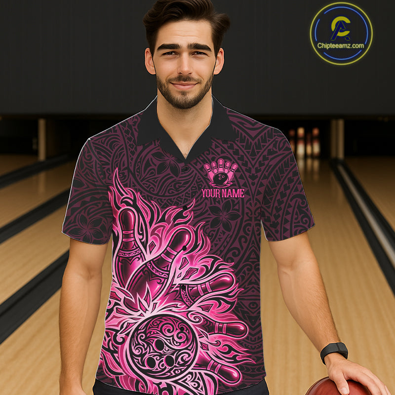 Male and female models wearing Pink Tribal Pattern bowling Hawaiian shirts, vibrant tropical bowling apparel, custom button-up league uniforms symbolizing creativity, confidence, friendship, positivity and team unity