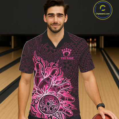 Male and female models wearing Pink Tribal Pattern bowling Hawaiian shirts, vibrant tropical bowling apparel, custom button-up league uniforms symbolizing creativity, confidence, friendship, positivity and team unity
