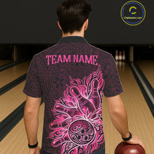 Load image into Gallery viewer, Male and female models wearing Pink Tribal Pattern bowling Hawaiian shirts, vibrant tropical bowling apparel, custom button-up league uniforms symbolizing creativity, confidence, friendship, positivity and team unity