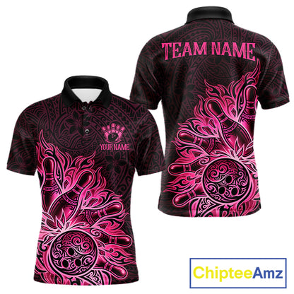 Pink Tribal Pattern Bowling Ball men's bowling polo shirt, custom tribal bowling team shirt, personalized bowling jersey