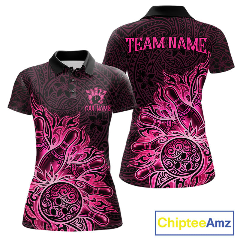 Pink Tribal Pattern Bowling Ball women's bowling polo shirt, custom tribal bowling team shirt, personalized bowling jersey