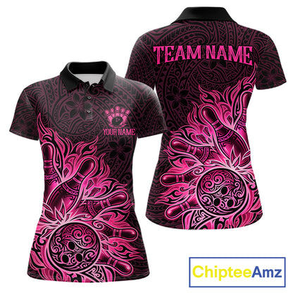 Pink Tribal Pattern Bowling Ball women's bowling polo shirt, custom tribal bowling team shirt, personalized bowling jersey