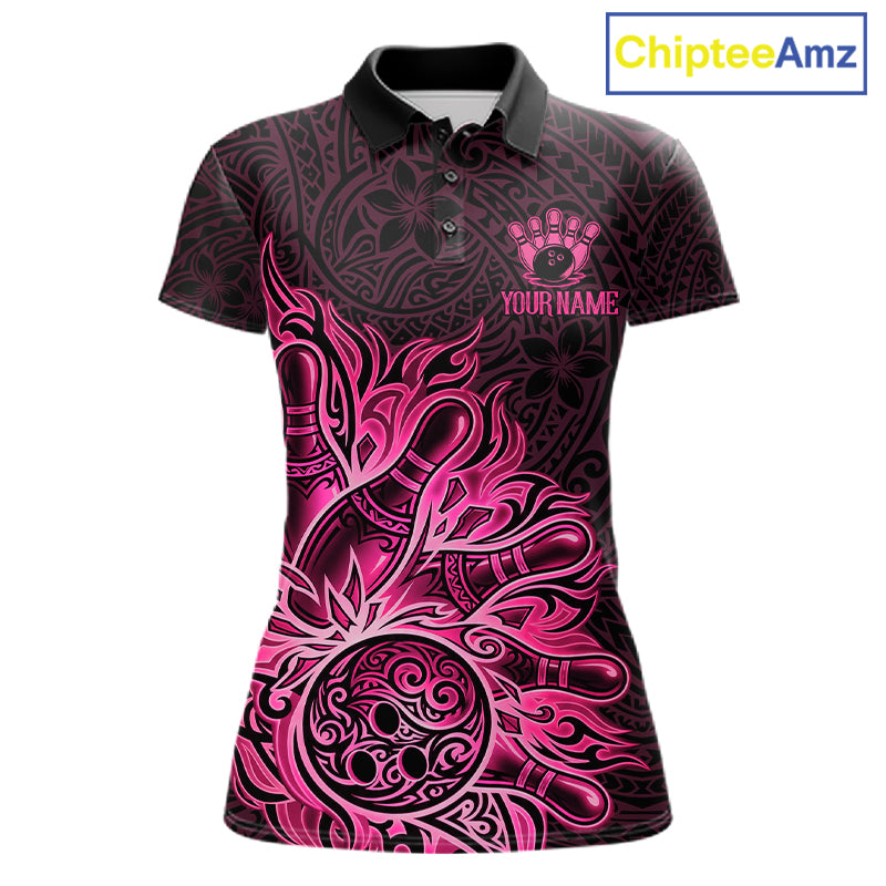 Pink Tribal Pattern Bowling Ball women's bowling polo shirt, custom tribal bowling team shirt, personalized bowling jersey