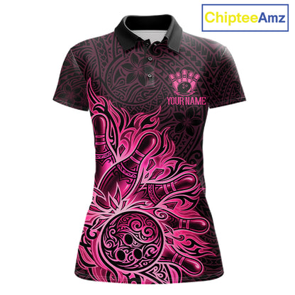 Pink Tribal Pattern Bowling Ball women's bowling polo shirt, custom tribal bowling team shirt, personalized bowling jersey