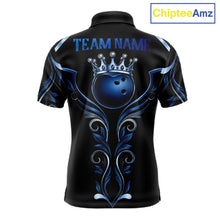 Load image into Gallery viewer, Black and Blue Tribal Crown Bowling Ball men's bowling polo shirt, custom bowling team jersey, league apparel