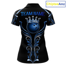 Load image into Gallery viewer, Black and Blue Tribal Crown Bowling Ball women's bowling polo shirt, custom bowling team jersey, league apparel
