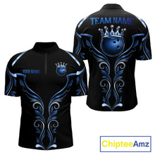Load image into Gallery viewer, Black and Blue Tribal Crown Bowling Ball men's bowling quarter zip shirt, custom bowling uniform