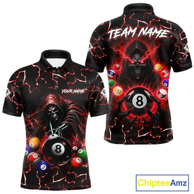 Lightning Red Grim Reaper men's bowling polo shirt, custom skull bowling team jersey, personalized league bowling uniform, tournament bowling apparel