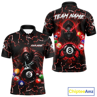 Lightning Red Grim Reaper men's bowling polo shirt, custom skull bowling team jersey, personalized league bowling uniform, tournament bowling apparel