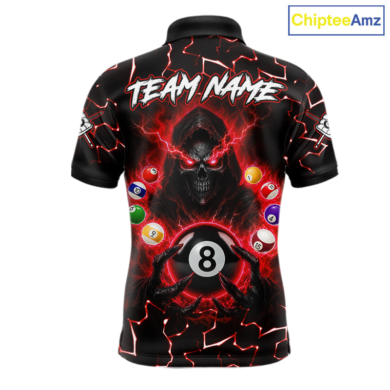 Lightning Red Grim Reaper men's bowling polo shirt, custom skull bowling team jersey, personalized league bowling uniform, tournament bowling apparel
