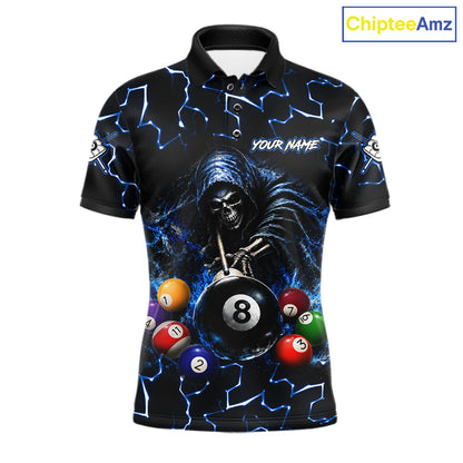 Lightning Blue Grim Reaper men's bowling polo shirt, custom skull bowling team jersey, personalized bowling league apparel