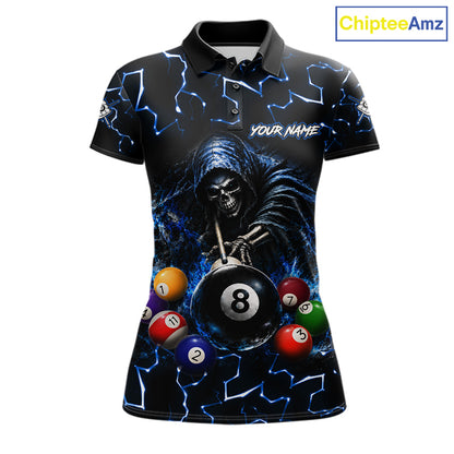 Lightning Blue Grim Reaper women's bowling polo shirt, custom skull bowling team jersey, league bowling apparel