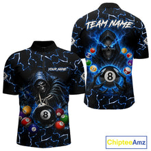 Load image into Gallery viewer, Lightning Blue Grim Reaper men's bowling quarter zip shirt, custom bowling uniform, skull bowling jersey, tournament apparel