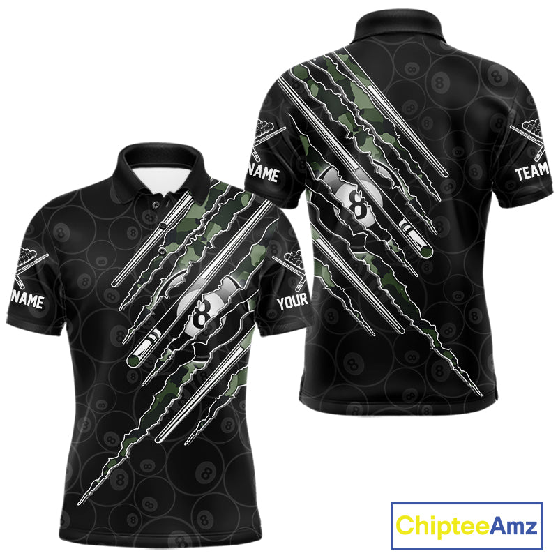 Men's Military Green Camo billiard polo with personalized name, custom APA league shirt, BCA tournament apparel, breathable athletic polo, tactical pool team jersey.