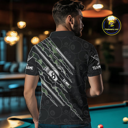 Male model wearing military green camo billiard polo, custom league jersey, tournament team apparel, athletic performance clothing.