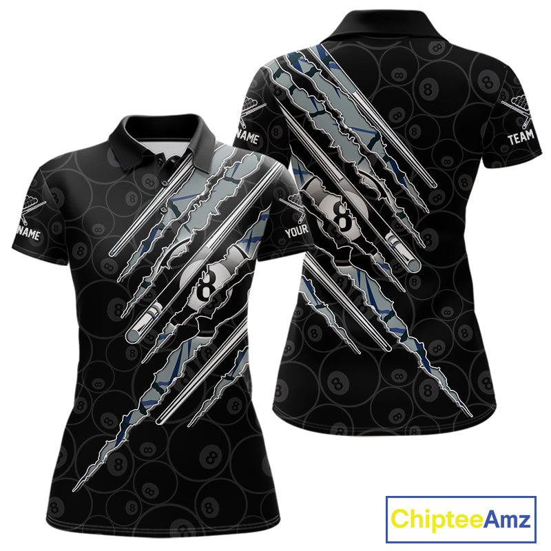 Women's Blue Scratch Pattern billiard polo shirt with personalized name, custom APA league jersey, billiard tournament apparel, cue sports clothing, moisture-wicking athletic polo.