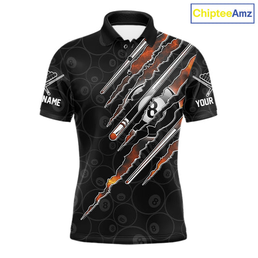 Men's Red Fire Flames billiard polo with personalized name, custom pool league jersey, billiard tournament apparel, athletic performance team shirt.
