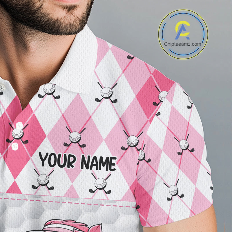 Funny Flamingo Golf Polo Shirts For Men Pink Argyle Flamingo Custom White Ball Golf Apparel NYN3121