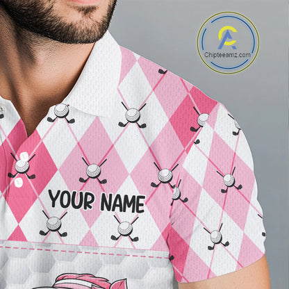 Funny Flamingo Golf Polo Shirts For Men Pink Argyle Flamingo Custom White Ball Golf Apparel NYN3121