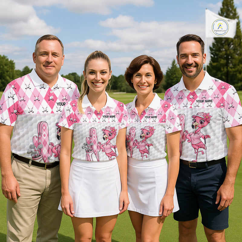 Funny Flamingo Golf Polo Shirts For Men Pink Argyle Flamingo Custom White Ball Golf Apparel NYN3121