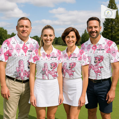 Funny Flamingo Golf Polo Shirts For Men Pink Argyle Flamingo Custom White Ball Golf Apparel NYN3121